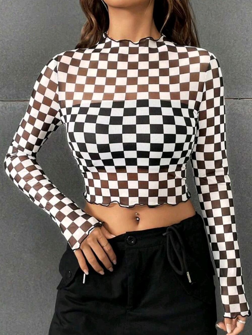 Checkerboard Mesh Lettuce Trim Crop Top Size XL (Runs Small) NWOT 🏁✨